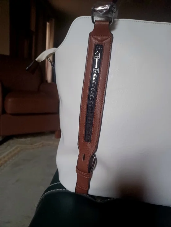 WHITE & BROWN SHOULDER BAG w/GENUINE LEATHER ACCENTS/TRIM-(NEW) - Picture 3 of 10